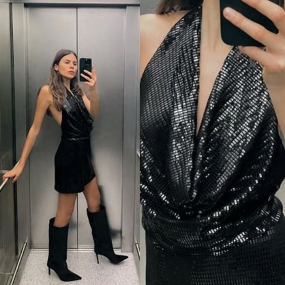 NWT Zara Black Sequin Backless Romper Dress | M